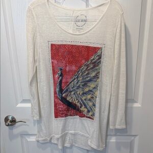 Lucky Brand Cream Long Sleeve Top with Red Peacock Graphic